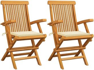 Patio Chairs with Cream Cushions 2 pcs Solid Teak Wood - 21.7 x 23.6 x 35