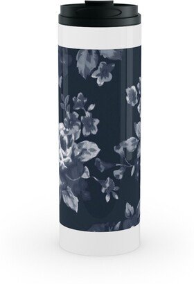 Travel Mugs: Navy Floral Stainless Mug, White, 16Oz, Blue