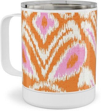 Travel Mugs: Ikat Flower - Orange And Pink Stainless Steel Mug, 10Oz, Orange