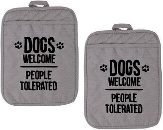 Gray Pocket Dogs Welcome People Tolerated Funny Potholder Oven Mitts Cute Pair Kitchen Gloves Cooking Baking Grilling Non Slip Cotton