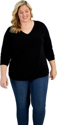 Plus Size Cotton V-Neck Curved-Hem Sweater, Created for Macy's