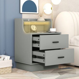 EYIW Multifunctional Nightstand with 2 Drawers, Shelf with USB Charging Design, Color, Changing LED, Gray