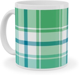 Mugs: Blue, Green, Turquoise, And White Plaid Ceramic Mug, White, 11Oz, Green