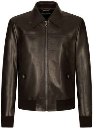 Collared Leather Bomber Jacket