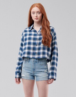 cropped button down shirt in blue plaid