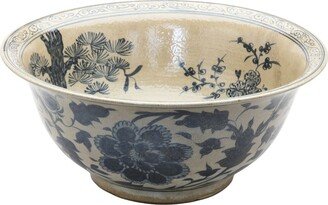 Porcelain Antiqued Blue and White Bowl - 16.5x16.5x7.5