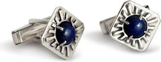 Square Sterling Silver Cufflinks Set With Blue Lapis Stones Texture Design, Mens Gift For Groom - Made in Israel