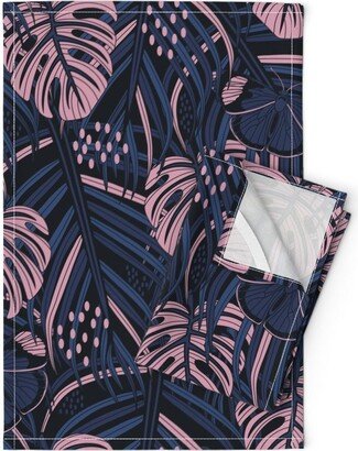 Moody Monsteras Tea Towels | Set Of 2 - Midnight Jungle By Nanshizzle Pink Black Blue Leaves Dark Linen Cotton Spoonflower
