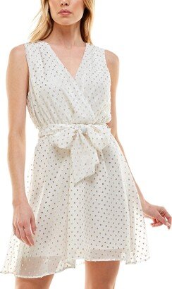 Juniors' Fit & Flare Tie-Waist Dress - Ivory/Gold