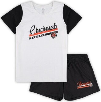 Women's Concepts Sport White, Black Cincinnati Bengals Plus Size Downfield T-shirt and Shorts Sleep Set - White, Black