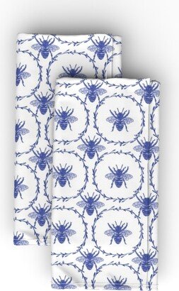 Cloth Napkins: Honey Bees In Wreaths - Blue Cloth Napkin, Longleaf Sateen Grand, Blue