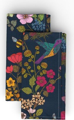 Cloth Napkins: Hummingbirds And Bees - Deep Blue Cloth Napkin, Longleaf Sateen Grand, Multicolor