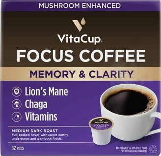 VitaCup Focus Mushroom Coffee Pods for Memory & Clarity Medium Roast Coffee - 32ct