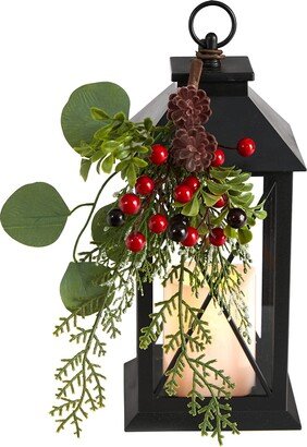 12in. Holiday Berries and Greenery Metal Lantern Artificial Table Christmas Arrangement with LED Candle Included