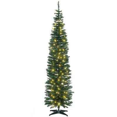 7' Tall Pre-Lit Slim Noble Fir Artificial Christmas Tree with Realistic Branches, 200 Warm White LED Lights and 499 Tips, Green