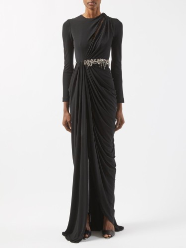 Crystal-embellished draped jersey gown