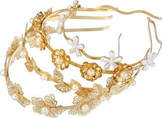 Unique Bargains Women's Alloy Metal Flower Shape Faux Pearl Headbands Gold Tone 4.72x1.38 4 Pcs