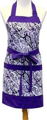 Women's Pretty Purple Apron in A Paisley Cotton Print, With Large Pockets & Optional Personalization