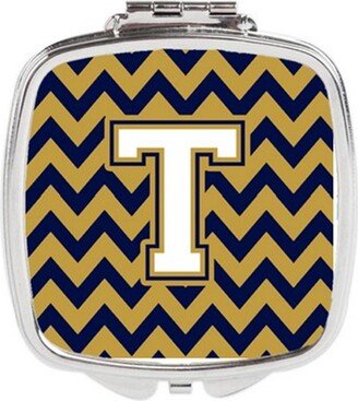 CJ1057-TSCM Letter T Chevron Navy Blue & Gold Compact Mirror