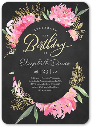 Adult Birthday Invitations: Peony Festivities Birthday Invitation, Black, 5X7, Matte, Signature Smooth Cardstock, Rounded