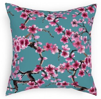 Outdoor Pillows: Sakura - Pink On Turquoise Outdoor Pillow, 18X18, Double Sided, Blue