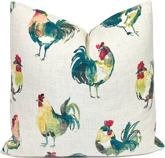 Red Teal Rooster Garden Pillow Cover | Colorful Rustic Farmhouse Decorative