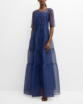 Hyacinth Short-Sleeve Tiered Organza Maxi Dress