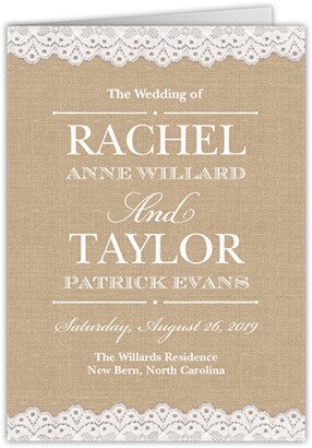 Wedding Program Cards: Burlap And Lace Wedding Program, Beige, 5X7, Matte, Folded Smooth Cardstock, Square