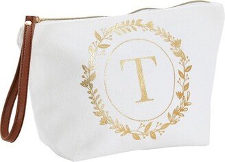 Glamlily Gold Initial T Personalized Makeup Bag for Women, Monogrammed Canvas Cosmetic Pouch (White, 10 x 3 x 6 In)