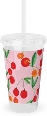 Travel Mugs: Cherry Farm Acrylic Tumbler With Straw, 16Oz, Pink