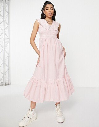 embroidered collar shirred midi dress in pink stripe