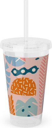 Travel Mugs: Retro Tropical Pattern Acrylic Tumbler With Straw, 16Oz, Multicolor