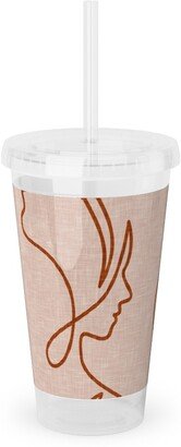 Travel Mugs: Aria - Flowing Faces - Blush And Brick Acrylic Tumbler With Straw, 16Oz, Pink