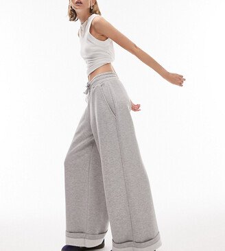 Topshop Petite premium wide leg turn back hem sweatpants in gray heather