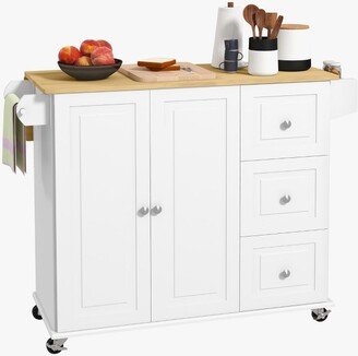 HOMCOM Kitchen Island with Drop Leaf, Rolling Kitchen Cart on Wheels with 3 Drawers, Cabinet, Natural Wood Top, Spice Rack and Towel Rack, White