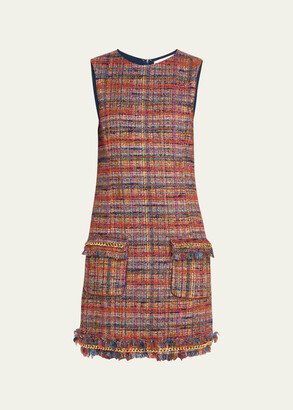 Tweed Frayed-Trim Mini Dress with Chain Detail