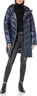 Women's Hooded Chevron Packable Down Jacket (Standard and Plus) (Shine Dark Indigo) Women's Coat