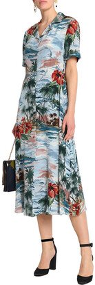 Printed silk crepe de chine midi shirt dress