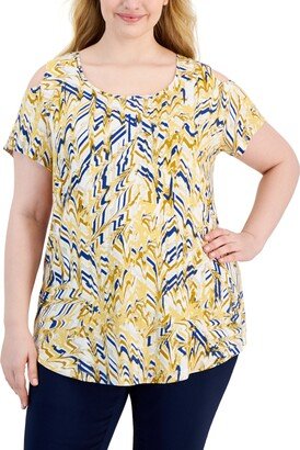 Plus Size Short Sleeve Cold Shoulder Printed Top, Created for Macy's