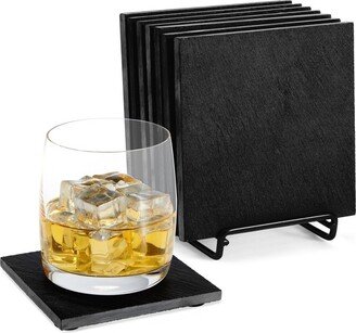 Juvale 8 Piece Set of Square Black Slate Coasters Set with Holder for Coffee Table, Office, Bar, Kitchen, Dinner Table, Home Decor