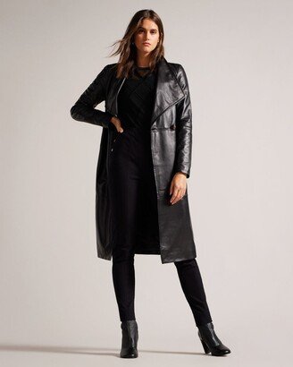 Mid Length Leather Wrap Coat in Black