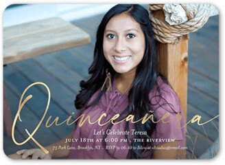 Quinceanera Invitations: Elegant Quincenera Birthday Invitation, Yellow, 5X7, Pearl Shimmer Cardstock, Rounded