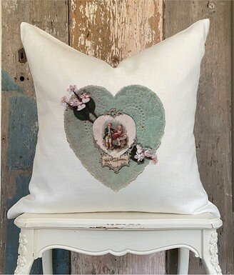 Victorian Heart Valentine's Day Pillow Cover, Cottage Chic Linen Cushion Vintage Shabby French Country Decor