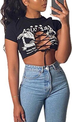 Remidoo Women's Sexy Lace Up Crop Top Short Sleeve Cropped T Shirt Cutout Graphic Tee Black X-Large