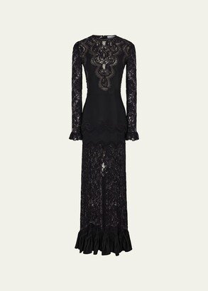 Rabanne Sheer Lace Ruffle-Trim Long Jersey Dress