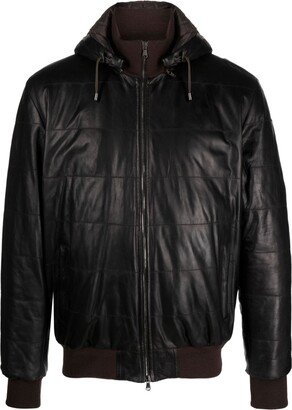 Funnel-Neck Leather Hooded Jacket