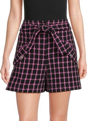 Belted Wool Blend Plaid Shorts