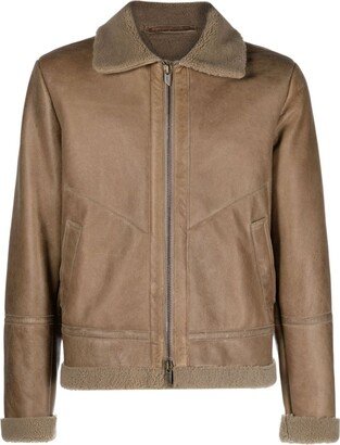 Zip-Up Shearling Leather Jacket