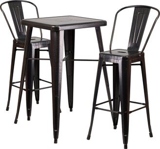 23.75'' Square Metal Indoor-Outdoor Bar Table Set with 2 Stools with Backs - 27.75