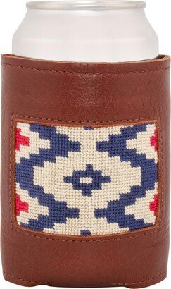 Gaucho Needlepoint Can Cooler - Handmade with Cotton Stitching, Neoprene Lined, Full-Grain Leather, Western, Cowboy, Outdoorsman Gift For Dad